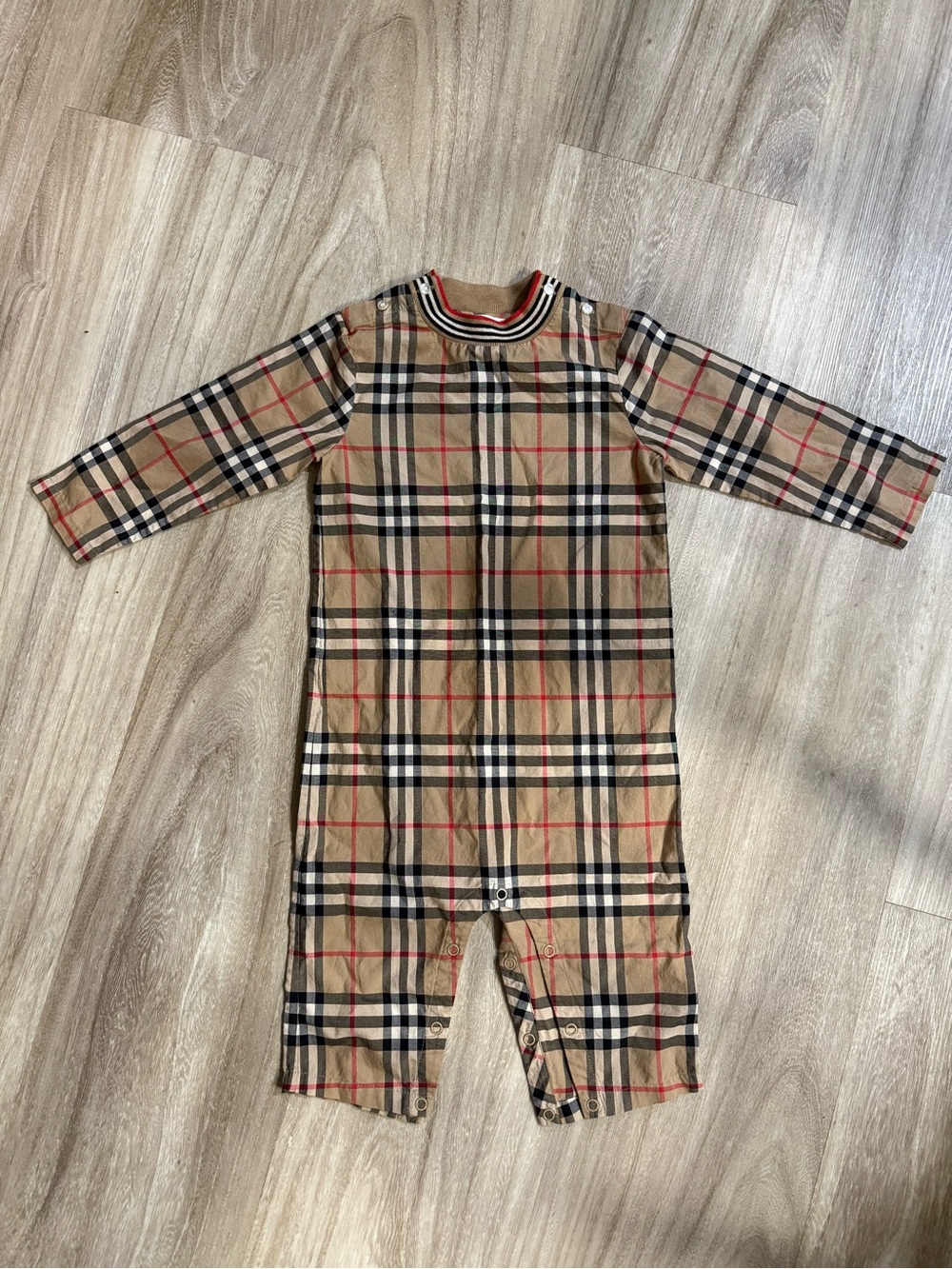 Authentic Burberry Tan Plaid Long-Sleeve Baby One-Piece